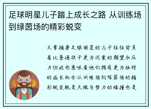 足球明星儿子踏上成长之路 从训练场到绿茵场的精彩蜕变